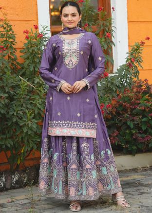 Purple Embroidered Salwar Suit Set In Chiffon