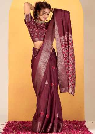 Maroon Zari Woven Saree In Art Silk