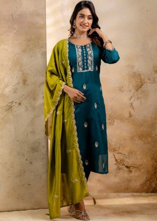 Teal Green Embroidered Salwar Suit Set In Art Silk