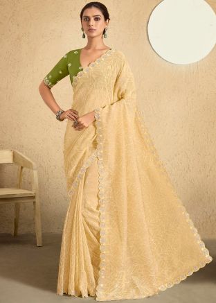 Yellow Embellished Saree In Silk