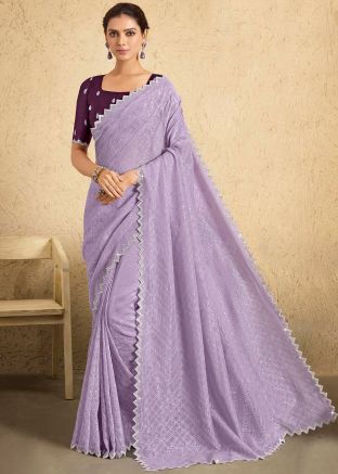 Purple Thread Embroidered Silk Saree