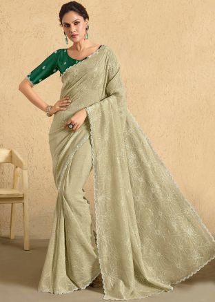 Sage Green Embellished Saree In Silk