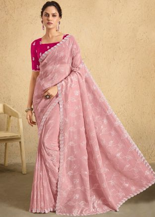 Flamingo Pink Sequins Work Saree