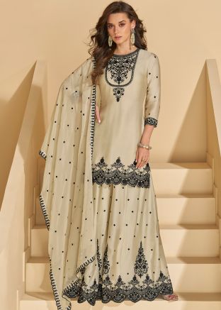 Cream Embroidered Palazzo Salwar Suit