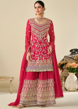 Pink Embroidered Salwar Suit Set In Chiffon