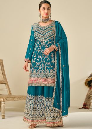 Blue Sequin Work Chiffon Salwar Suit Set