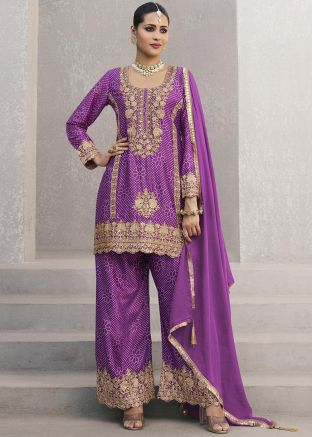 Readymade Purple Bandhej Print Palazzo Suit
