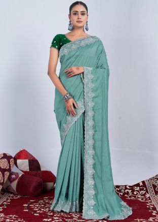 Turquoise Embroidered Art Silk Saree