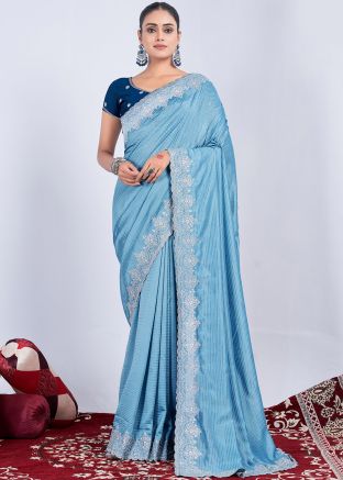 Blue Embroidered Saree In Art silk