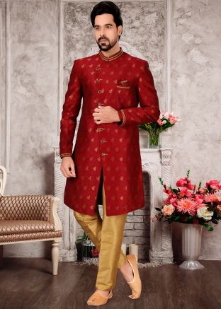 Readymade Maroon Sherwani With Silk Pants