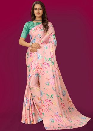 Pink Digital Printed Saree In Satin Silk