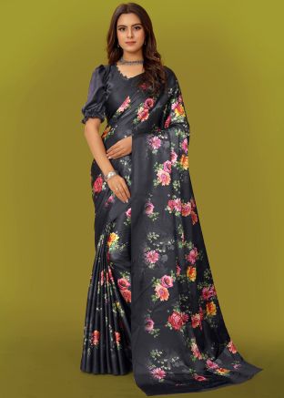 Black Satin Silk Saree In Digital Print