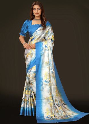 White Satin Print Saree With Blouse