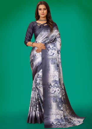 Shaded White Satin Digital Printed Saree 