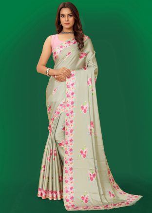 Sage Green Printed Saree With Blouse