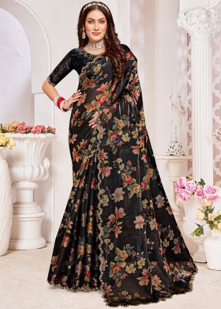 Black floral Printed Organza Saree