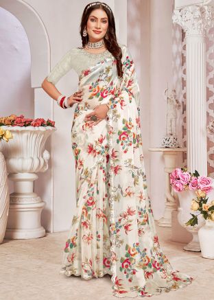Cream Floral Printed Saree In Organza