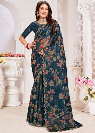 Teal Blue Organza Saree In Floral Print