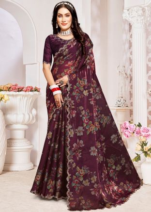 Wine Print Organza Saree With Blouse