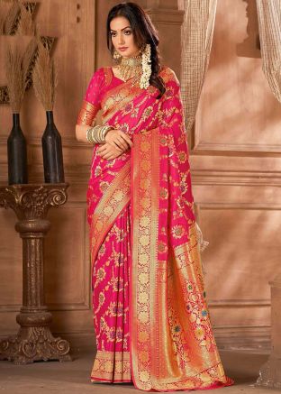 Pink Silk Saree In Zari Woven Work