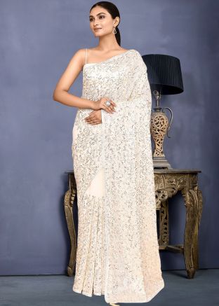 White Embroidered Saree In Georgette