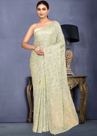 Green Embroidered Saree In Georgette