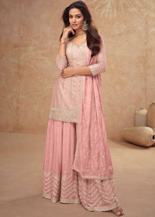 Readymade Pink Embroidered Palazzo Suit In Chiffon