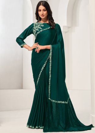 Green Satin Embroidered Saree