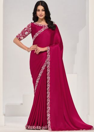 Magenta Satin Saree In Embroidery