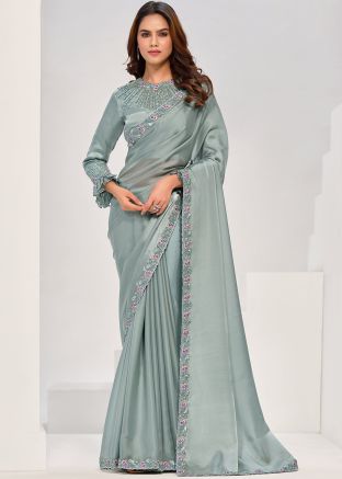 Sage Green Embroidered Saree In Satin