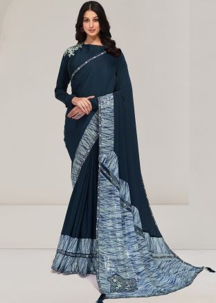 Teal Blue Crape Saree With Blouse