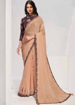 Peach Embroidered Saree In Georgette