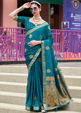 Teal Blue Woven Satin Saree With Blouse
