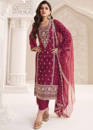 Maroon Embroidered Chiffon Pant Suit