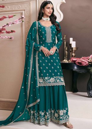 Teal Green Embroidered Palazzo Suit Set In Chiffon