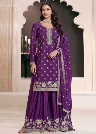  Purple Chiffon Embroidered Palazzo Suit Set