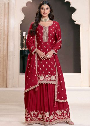  Maroon Embroidered Palazzo Style Suit