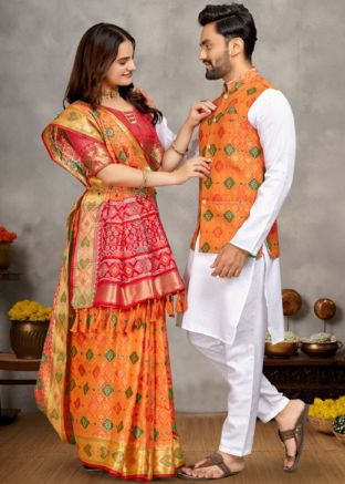 Readymade Orange Zari Woven Couple Set
