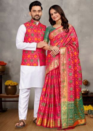 Hot Pink Zari Woven Readymade Couple Wear Set