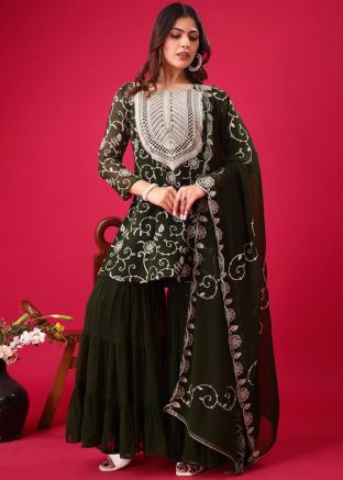 Readymade Green Embroidered Sharara Suit