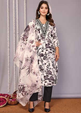 White Floral Print Readymade Pant Suit