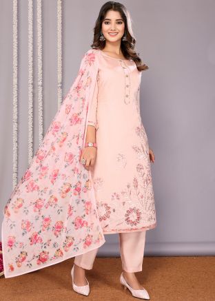 Pink Embroidered Readymade Pant Style Suit
