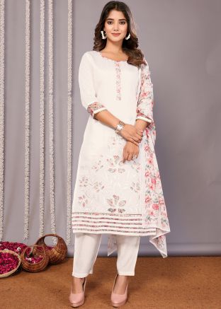 White Embroidered Readymade Pant Style Suit