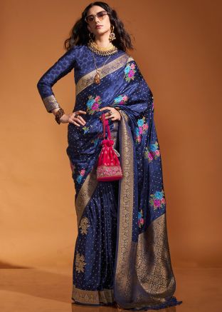 Blue Zari Woven Satin Silk Saree