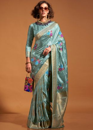 Mint Blue Woven Saree In Satin Silk