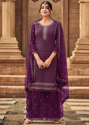 Purple Embroidered Palazzo Salwar Suit Set