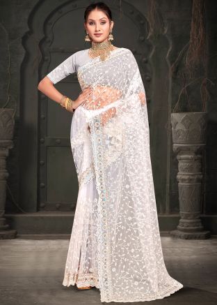 White Resham Embroidered Net Saree