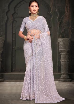 Lavender Purple Embroidered Net Saree