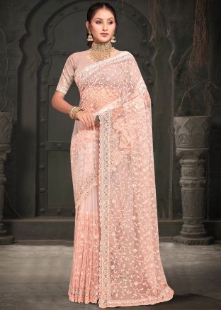 Peach Embroidered Net Saree With Blouse
