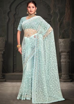Sky Blue Net Saree In Resham Embroidery